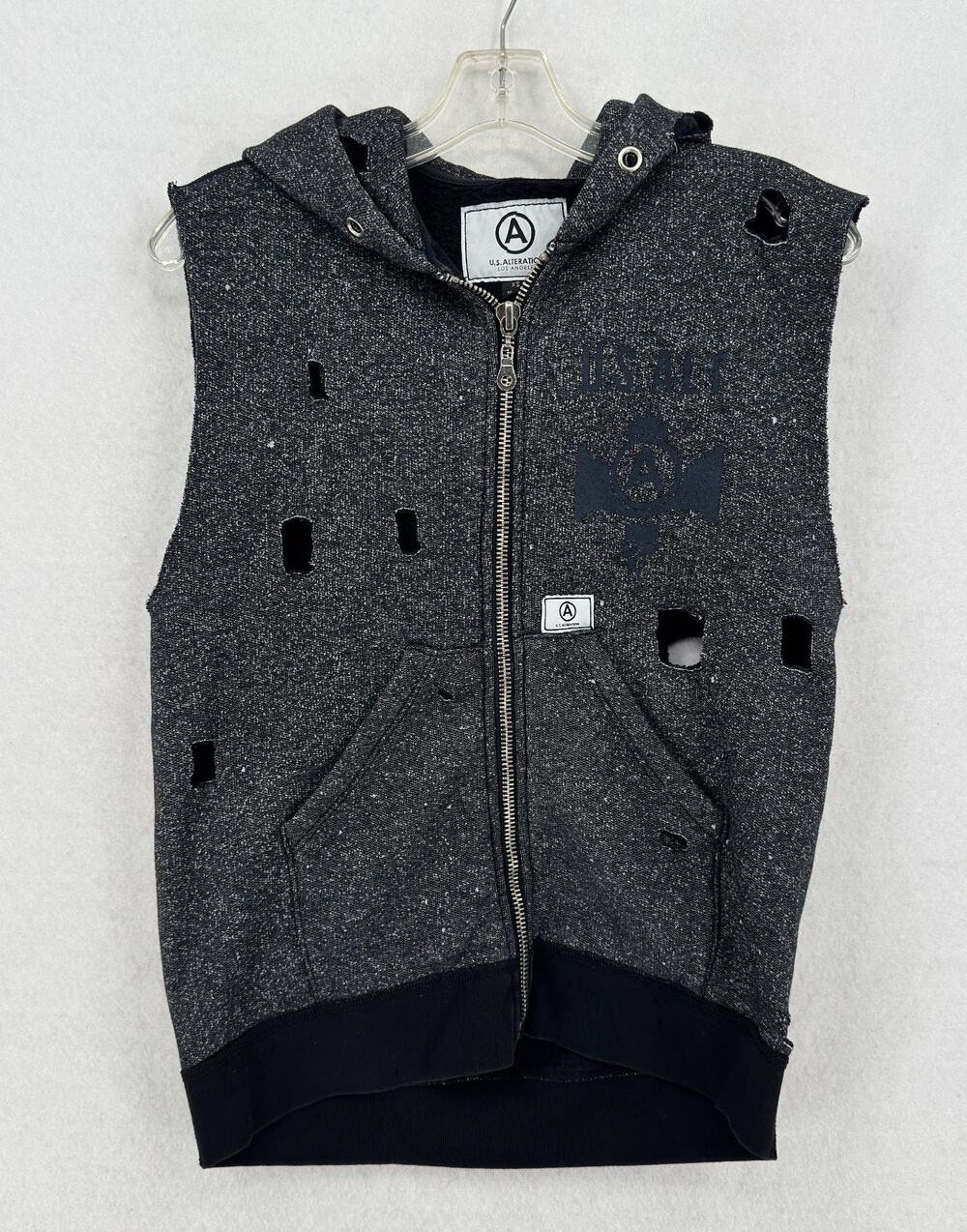 U.S. Alteration Mens Black White Distressed Sleeveless Hooded Zip Jacket Sz XS